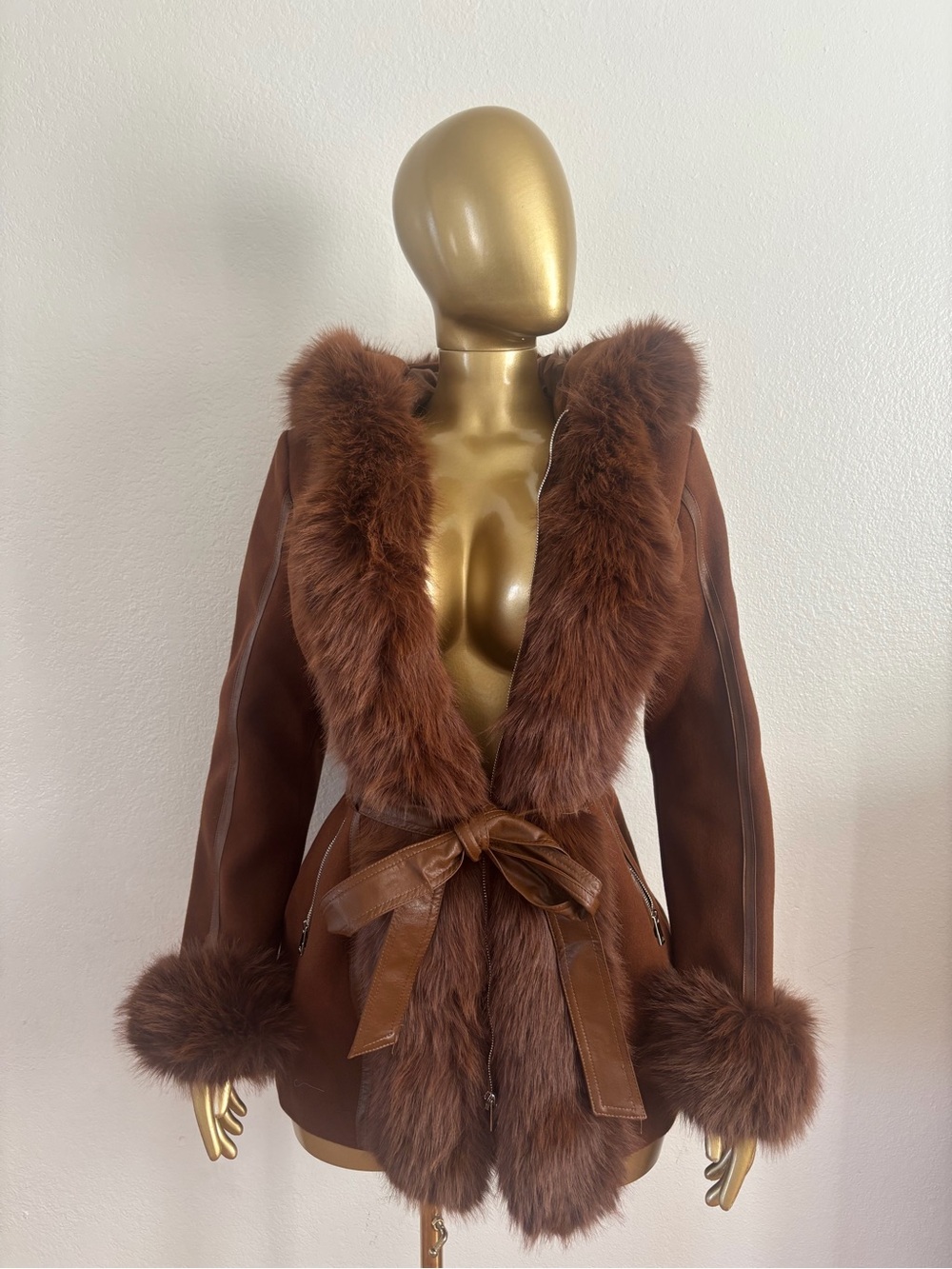 Women's Brown Faux Fur Trim Leather Belted Jacket